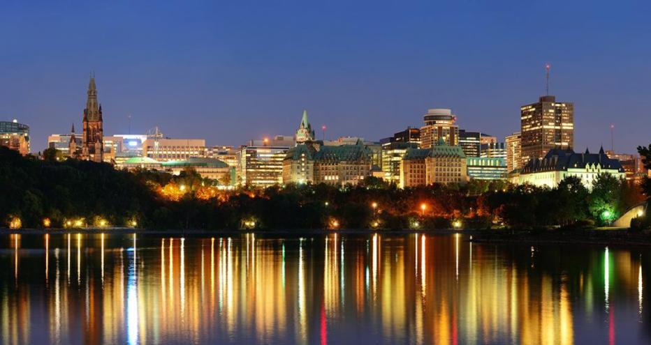 Ottawa downtown over water at night