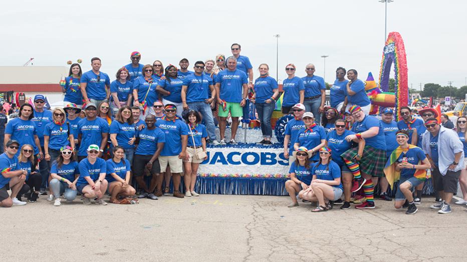 Group photo of Jacobs employees celebrating Pride Month