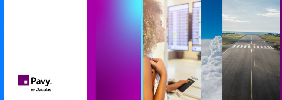 Banner image with Pavy logo, image of a lady looking at a screen, image of a blue sky and clouds, image of a airport runway