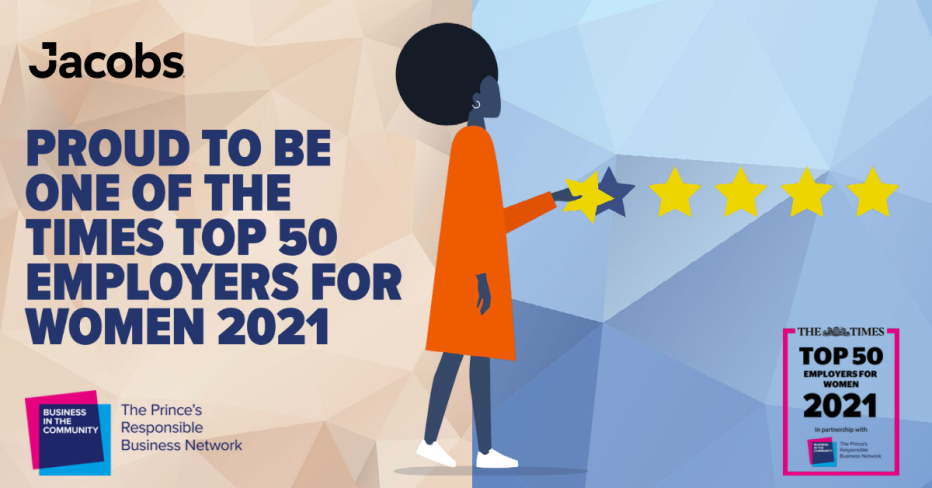 Illustration of a woman, plus Jacobs logo and The Times Top 50 Employers for Women logo