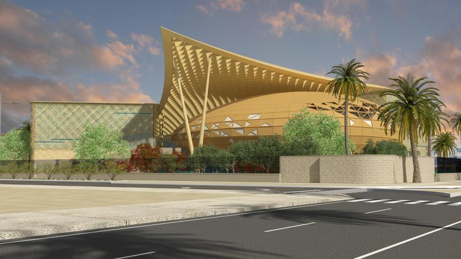 Architectural render of the main facade of the Sinnovate technology hub in Saudi Arabia