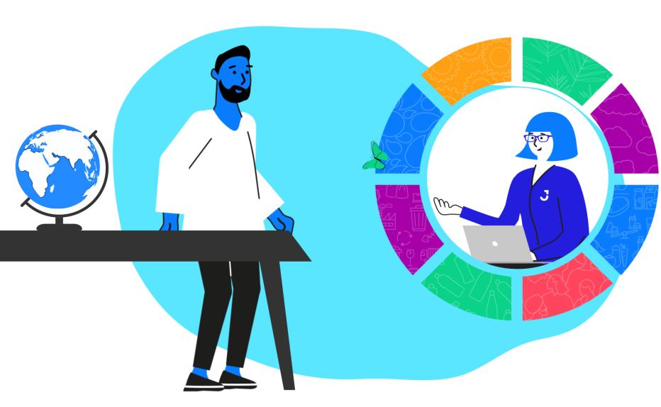 Illustration of a male teacher with a glob talking to a female scientist with a computer