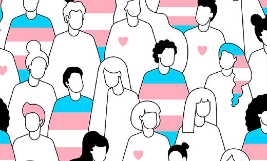A drawing of multiple people with the trans flag on their clothing