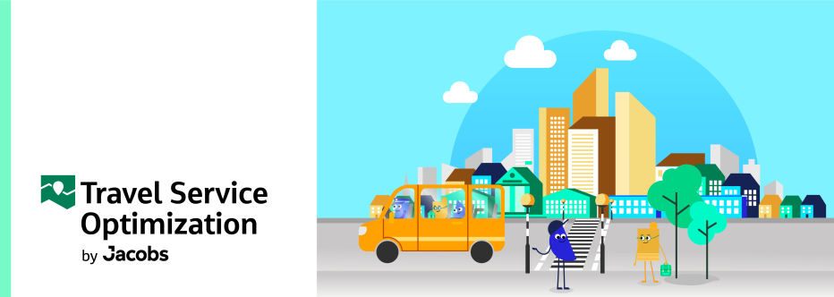 A white banner with Travel Service Optimization logo next to an animated town, bus and children