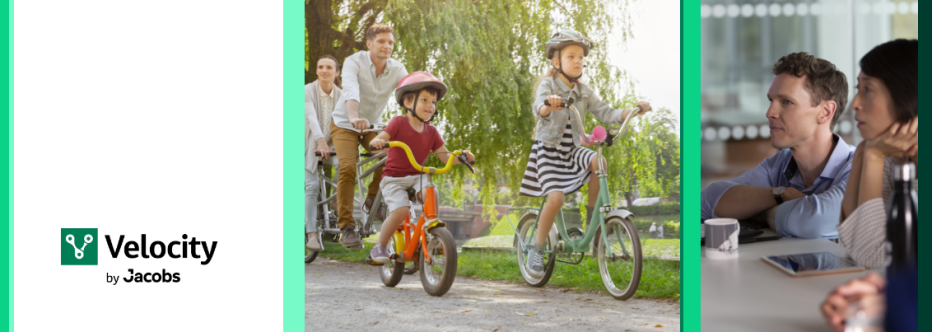 A white banner with Velocity logo with a section with a family cycling and man looking at a computer screen