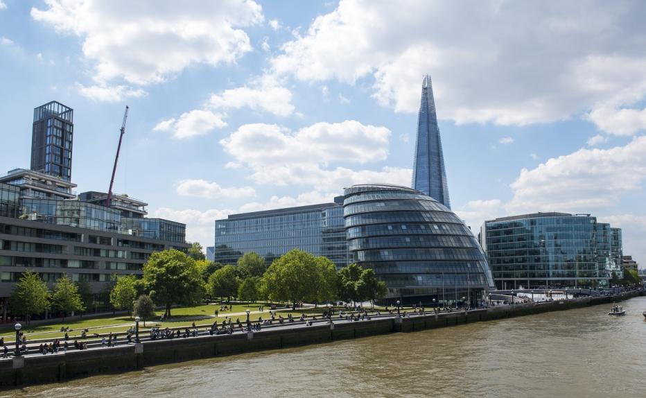 View of the south side of the River Thames in London, shot from Tower Bridge