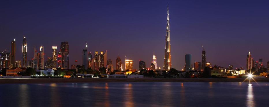 The Dubai city skyline at night time