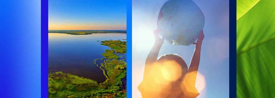 three panels of climate and sustainability related images with greenery, water and a child holding a globe