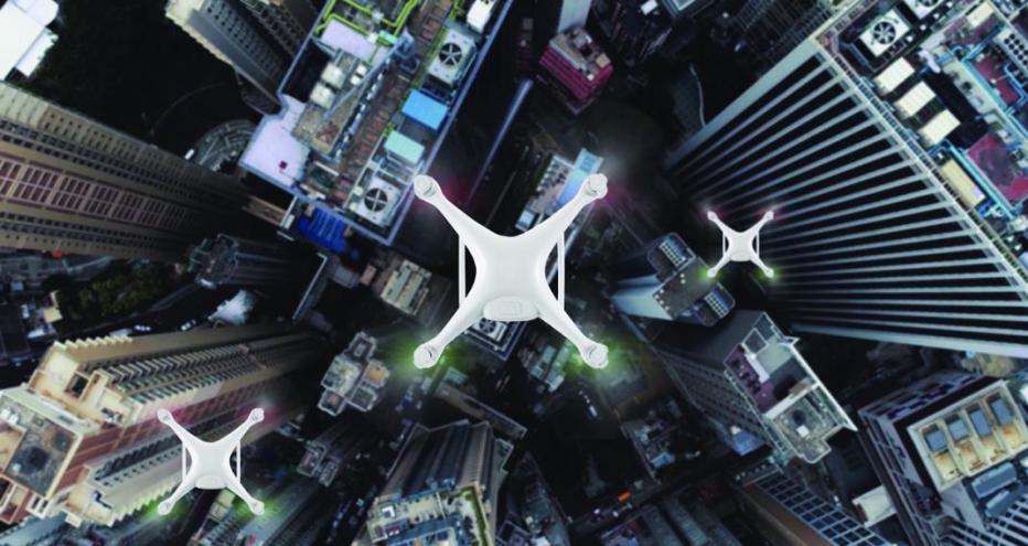 Stock image of a drone over skyscrapers