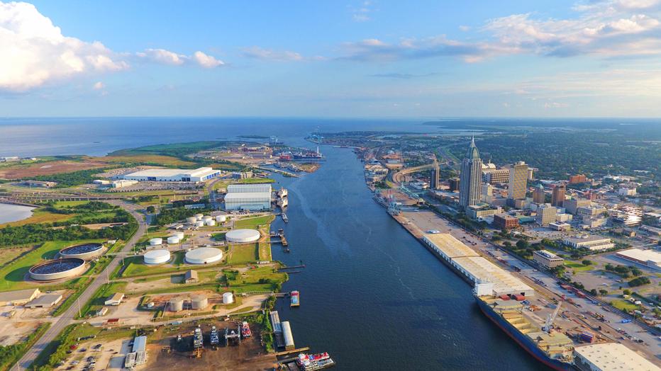 Aerial view of city including waterway