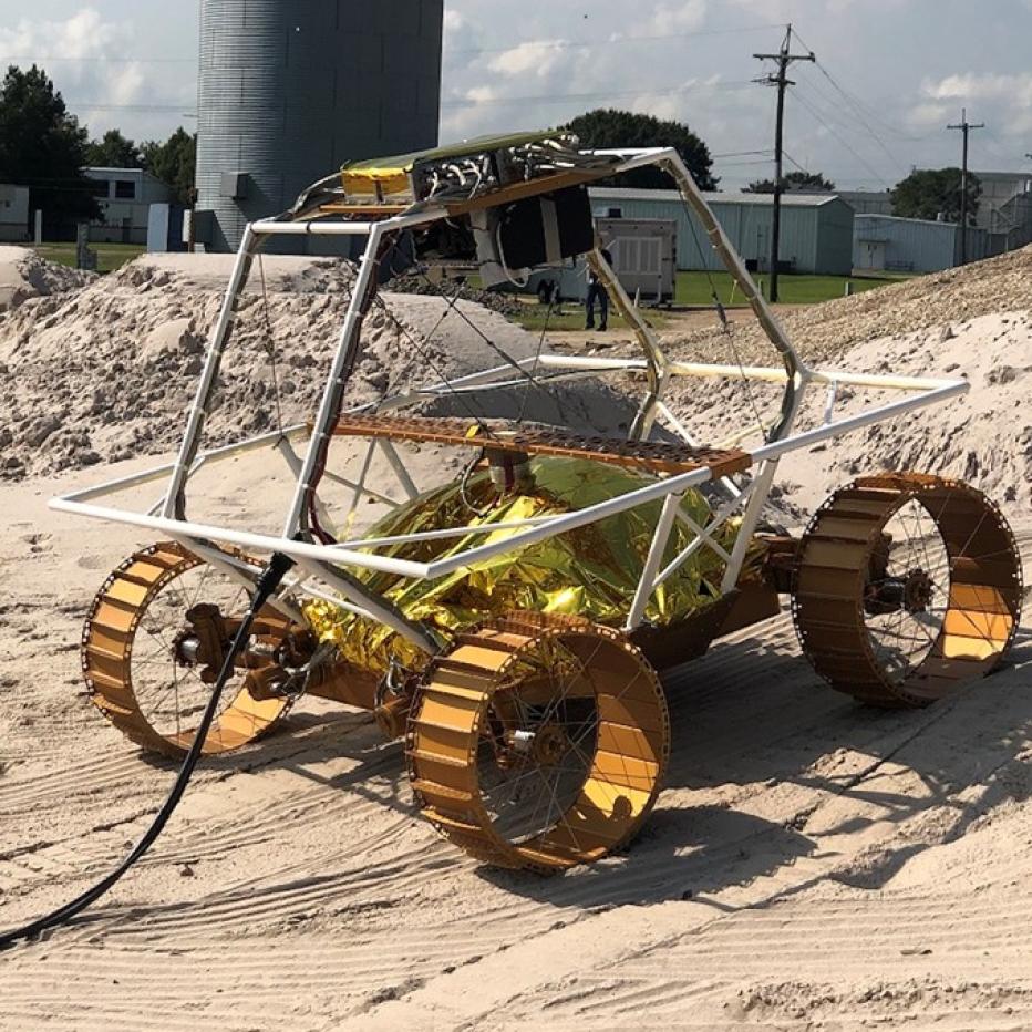 VIPER mobility testbed, an engineering model created to evaluate the rover’s mobility system. (Credit: NASA)