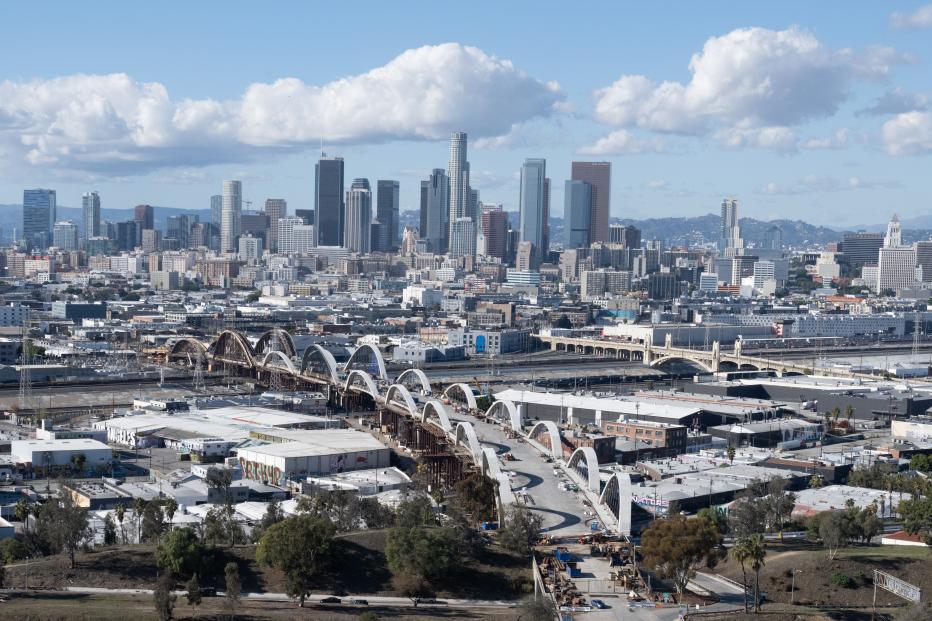 Arial view of City of Los Angeles and Sixth Street Viaduct by day