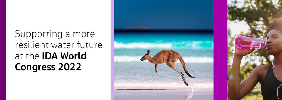 Banner graphic with kangaroo on a beach and woman drinking water