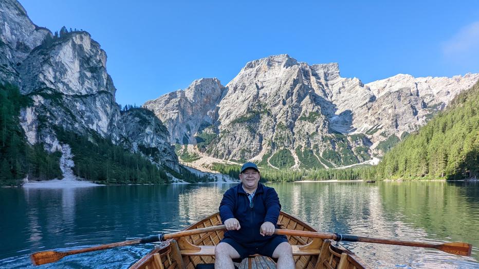 Paul Roberts rowing at Lago di Braies, Italy