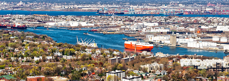 Aerial view of Staten Island, New York City, and Oil storage in Bayonne, New Jersey, USA.