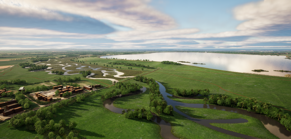 Artist illustration of river and green fields