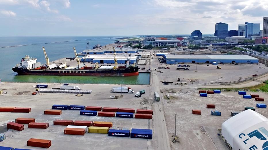 Aerial view of the Port of Cleveland, including warehouse
