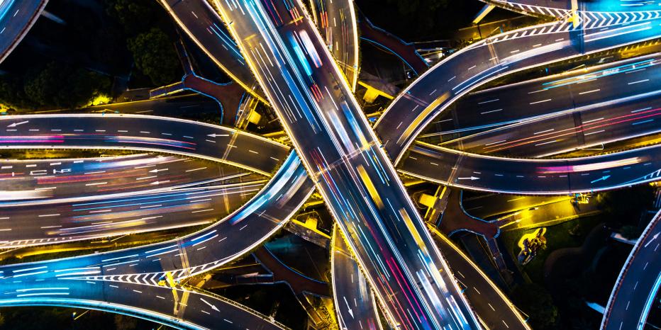 Aerial view of complex highway interchange