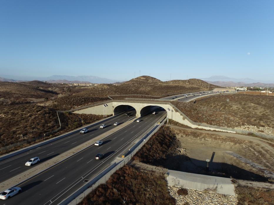 Aerial view of wildlife overpass on Clinton Keith Road