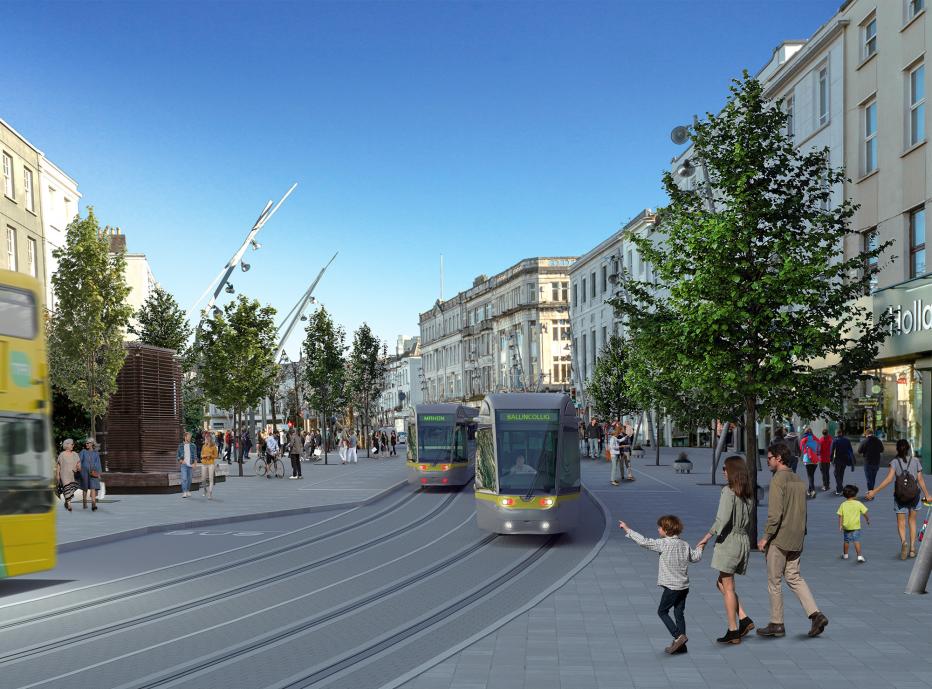 Artist impression of shopping area with light rail transit.