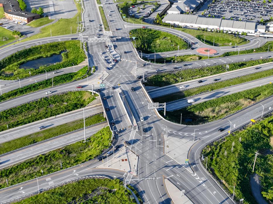 Aerial, drone, afternoon photo of a diverging diamond interchange (DDI), located in Woodbury, NY.