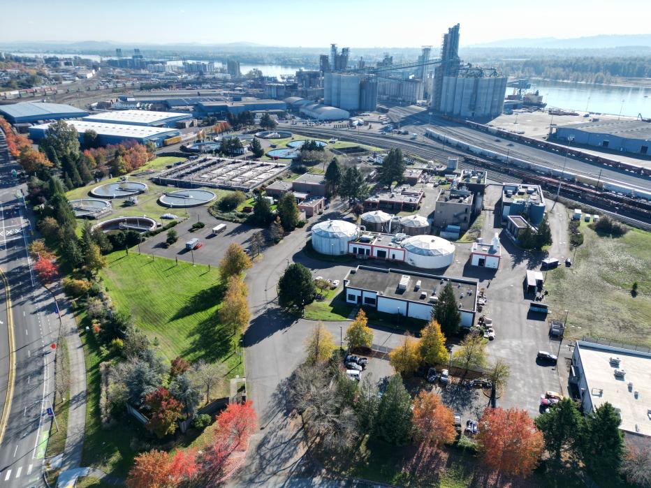 Drone shot of Vancouver’s Marine Park Wastewater Treatment Plant 