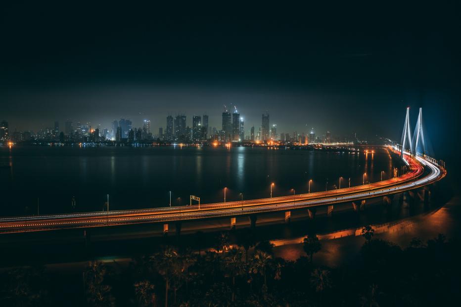 A high angle shot of Bandra Worli sealink in Mumbai at night time