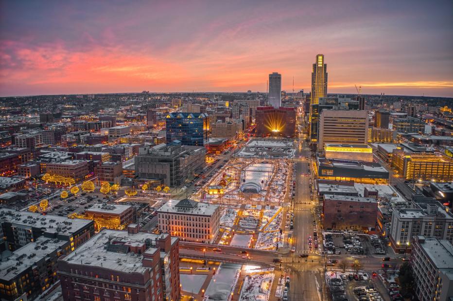 Aerial View of a Winter Sunset in Omaha, Nebraska