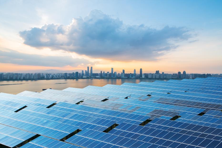 Solar panels with cityscape of Singapore