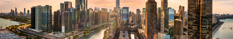 Aerial panorama of Chicago, Illinois skyline at sunset. Chicago is the most populous city in the U.S. state of Illinois and in the Midwestern United States.