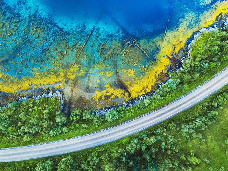 Beautiful aerial landscape, road near water