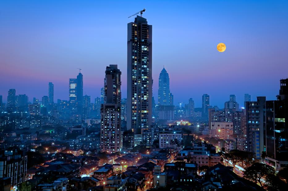 Moonrise over south central Mumbai - the financial capital of India - showing a glittering metropolis