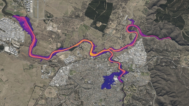 Map with a river highlighted to show flood potential 