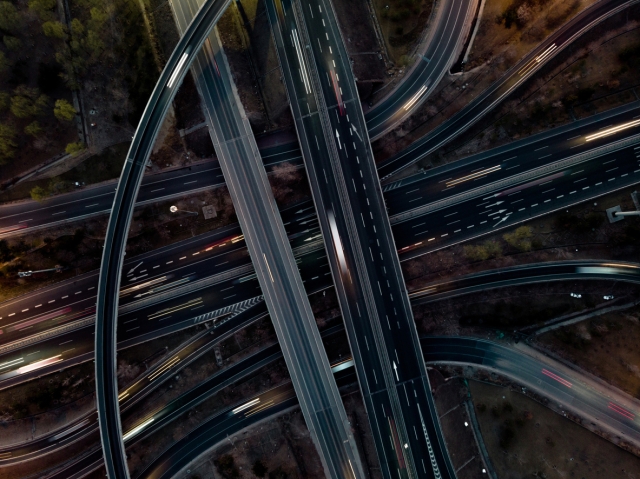 Aerial shot of busy motorway at night
