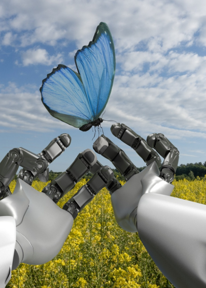 Silver robot arms in a yellow field holding a blue butterfly against a blue cloud filled sky