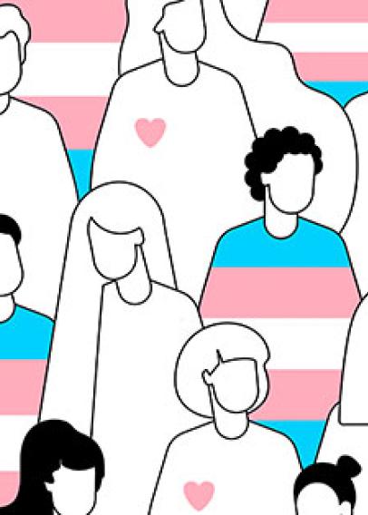 A drawing of multiple people with the trans flag on their clothing
