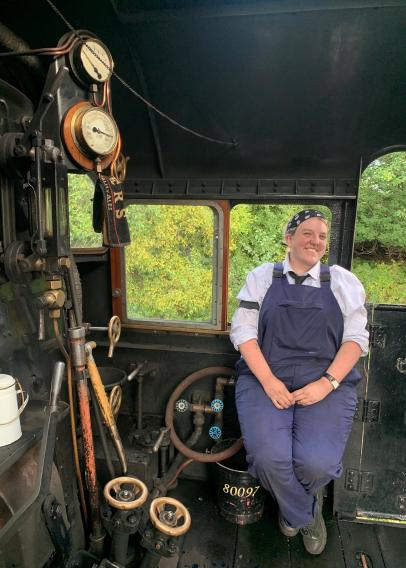 Steph Elwood on a locomotive