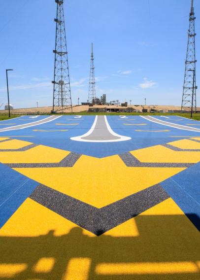 Blue and yellow painted landing strip