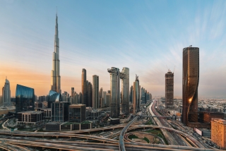 Aerial view of Dubai skyline at sunset