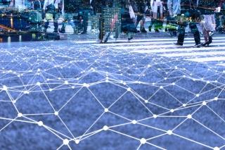 Walking crowd and mesh communication network concept. Internet of Things. Smart city. Information Communication Technology.