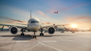 Front view of landed airplane